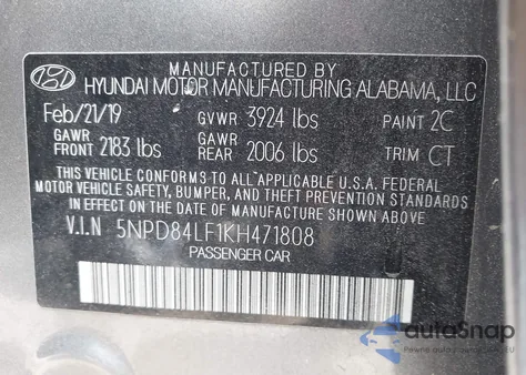 2019 Hyundai Elantra Sel z USA, uszkodzony, nr VIN 5NPD84LF1KH471808